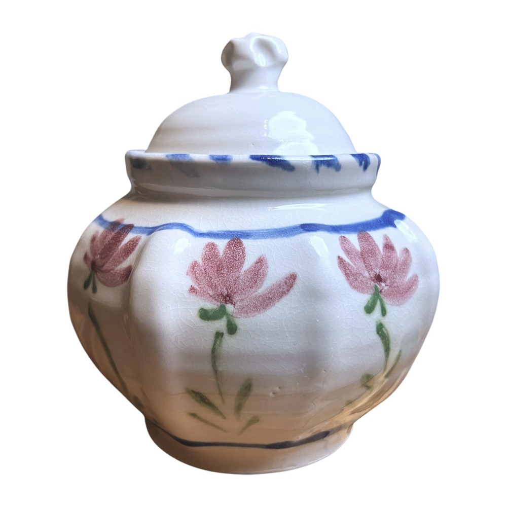 Vintage Signed Studio Pottery Lidded Jar Hand Painted Floral Folk Art 1992